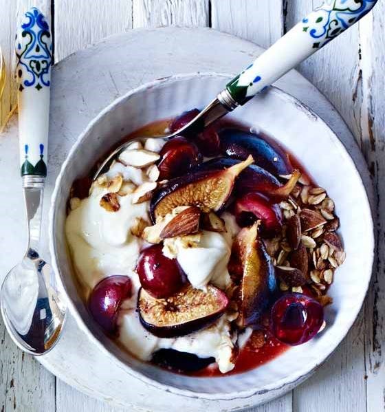 Sticky fig breakfast bowl with yogurt and almond 'crumble'