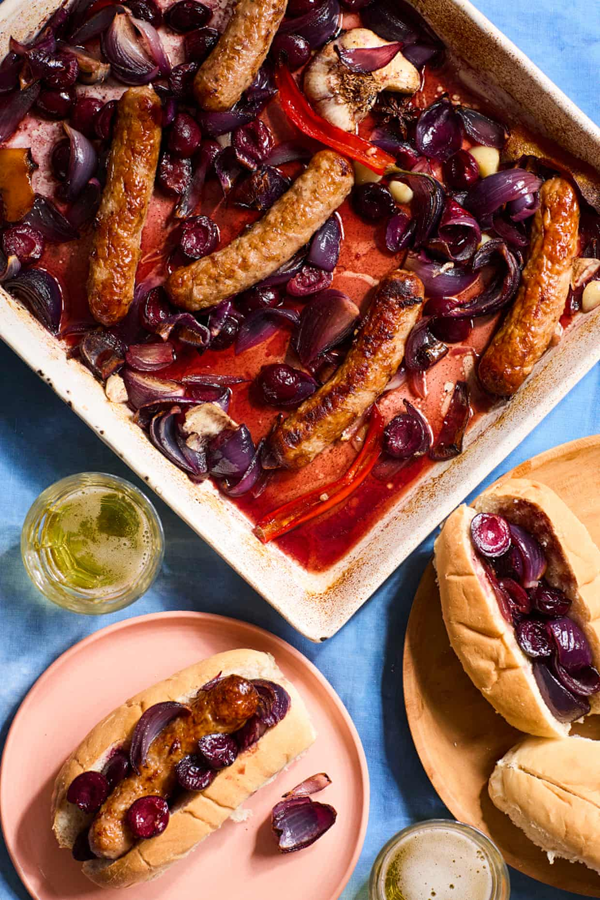 Sticky five-spice sausages with cherries