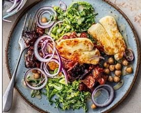 Sticky fried aubergine, chickpea & halloumi salad