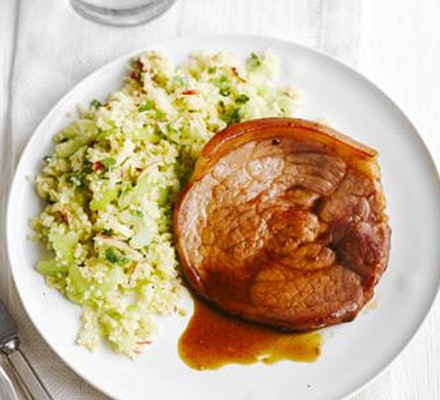 Sticky gammon steaks with apple & bulghar salad