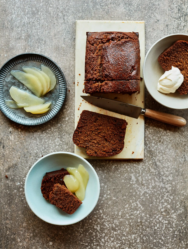 Sticky ginger loaf with poached pears