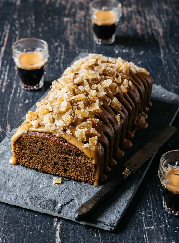 Sticky ginger loaf with salted caramel icing