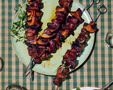 Sticky glazed mushroom skewers & green chimichurri