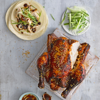 Sticky hoisin chicken and pancakes