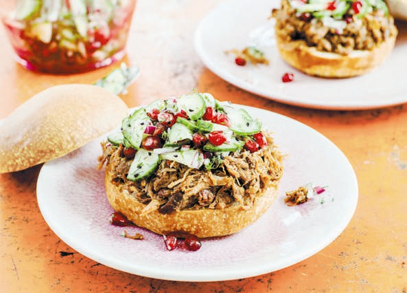 Sticky lamb buns with pickled cucumber relish