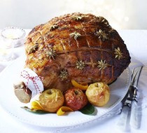 Sticky maple-glazed ham with baked apple sauce