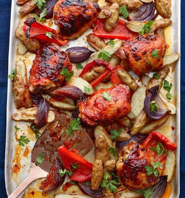 Sticky marmalade chicken traybake