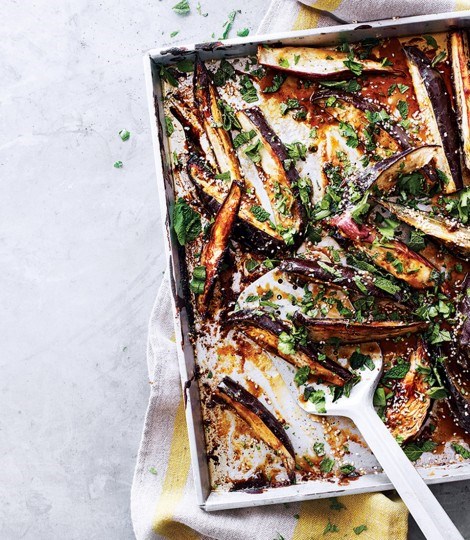 Sticky miso and tahini aubegine wedges
