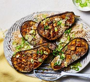 Sticky miso aubergine traybake