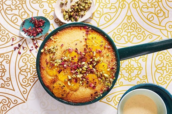 Sticky orange & semolina pudding with rose custard