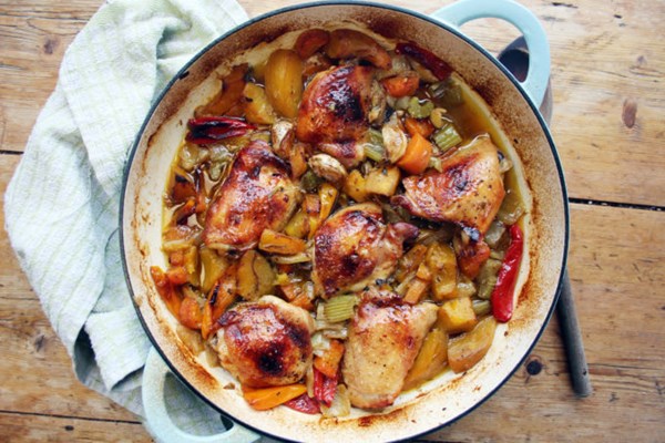 Sticky paprika, chicken thigh and pumpkin casserole
