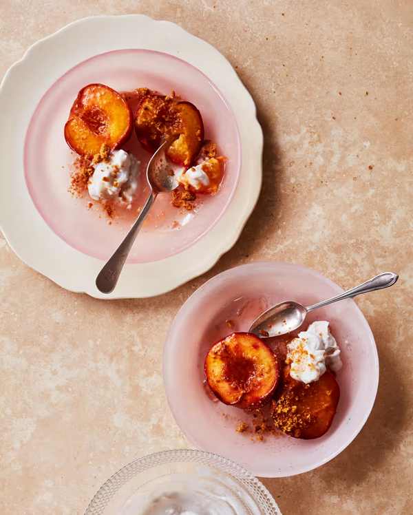 Sticky peaches with spiced coconut cream