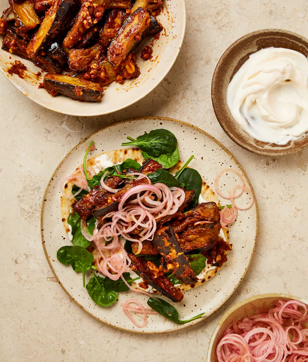 Sticky peanut aubergine flatbreads