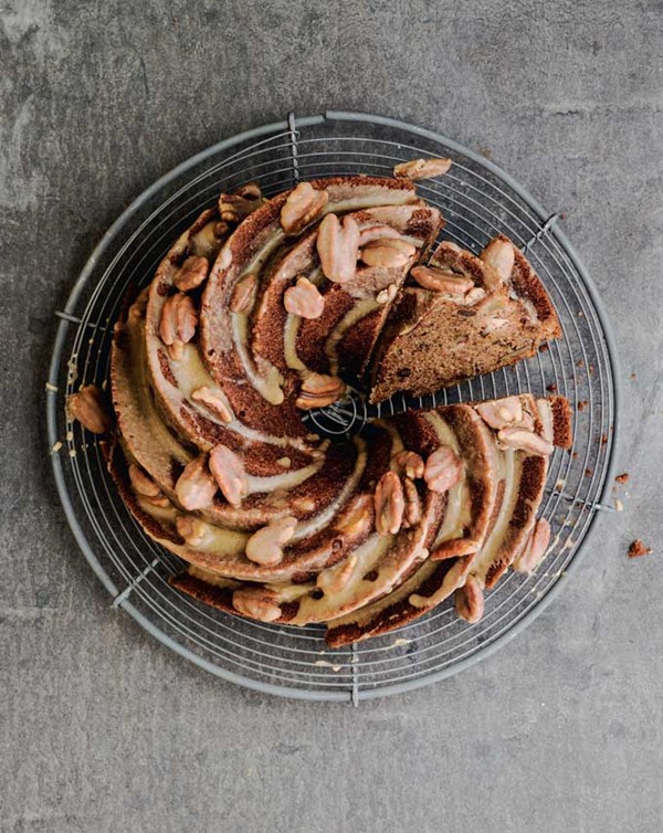 Sticky pear & pecan toffee cake