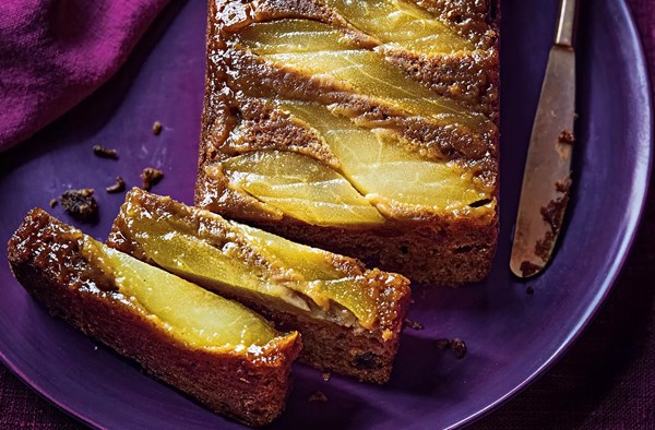 Sticky pear & raisin upside-down loaf 