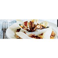 Sticky pheasant and frazzled pancetta salad with pistachios and Seville orange dressing