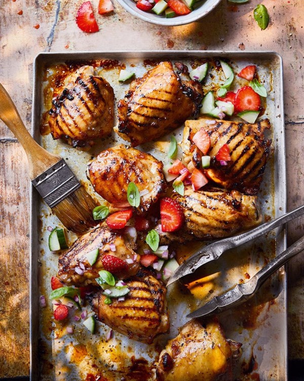 Sticky Pimm's glazed chicken with strawberry and cucumber salad