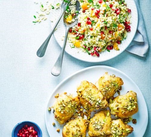 Sticky pistachio chicken with jewelled bulghar salad