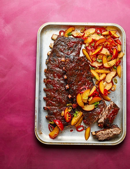 Sticky plum and Earl Grey Ribs with plum and sesame salad
