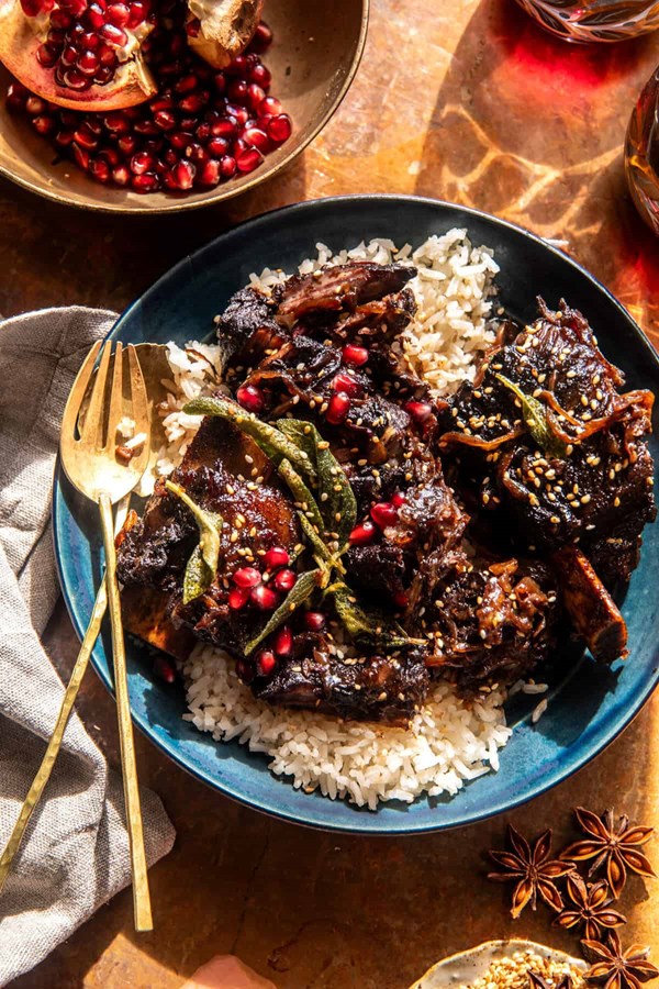 Sticky pomegranate braised short ribs