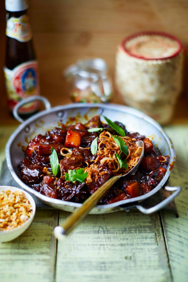 Sticky pork belly with salted roast pumpkin and crispy shallots