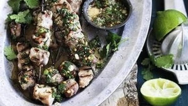 Sticky pork skewers with spicy lime dipping sauce