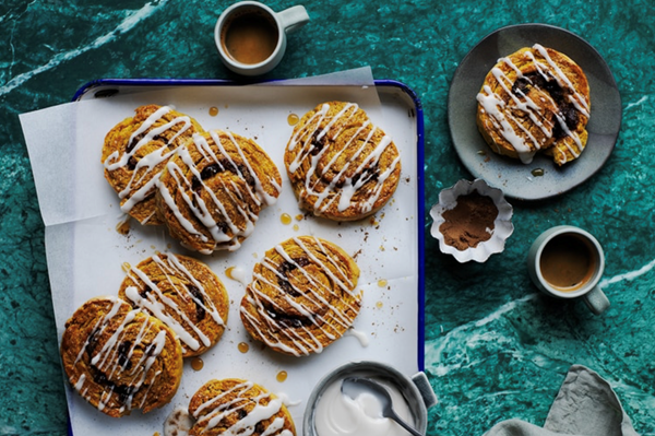 Sticky pumpkin scone scrolls with maple glaze