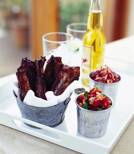 Sticky ribs with bean salsa and coleslaw