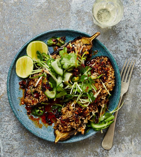 Sticky rice-stuffed aubergines