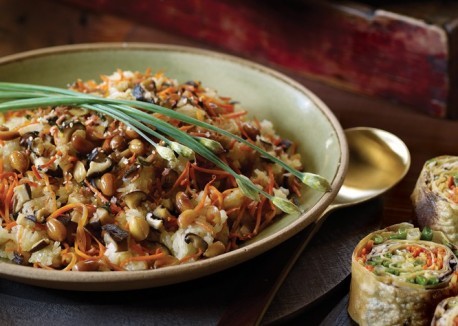 Sticky rice with carrots, shiitake mushrooms, and peanuts