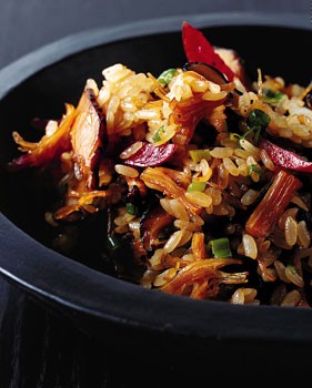 Sticky rice with Chinese sausage and dried scallops