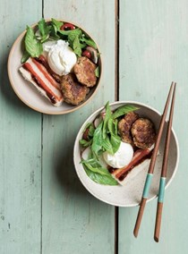 Sticky rice with ginger sausage, herb salad, and poached eggs