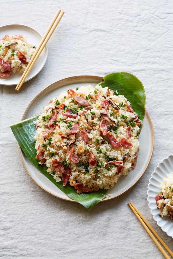 Sticky rice with lạp xưởng, dried shrimp, and shiitake mushrooms