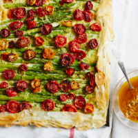 Sticky roasted tomato, rosemary and asparagus tart with tomato dressing