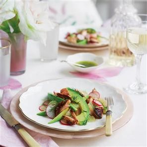 Sticky salmon with radish and avocado