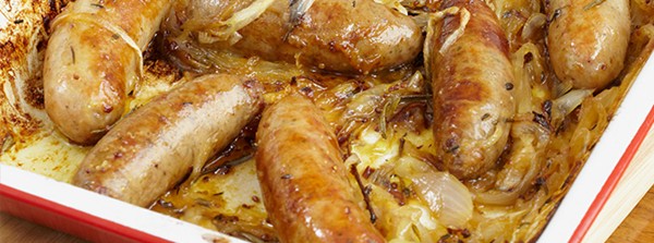 Sticky sausages and smoky mash