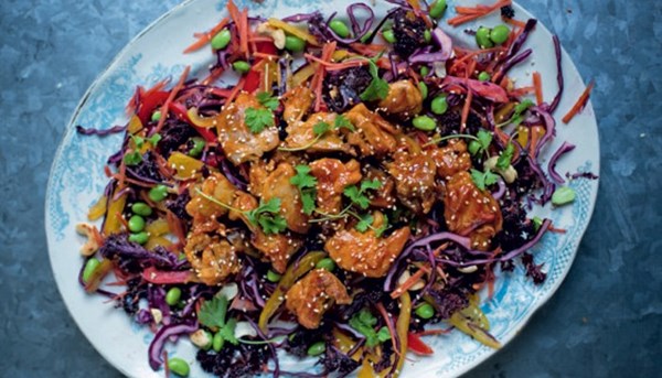 Sticky sesame and Sriracha chicken with chopped salad