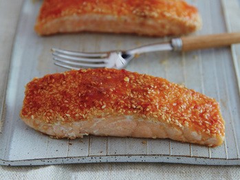 Sticky sesame salmon with orange sauce