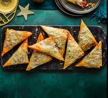 Sticky shallot, fig & almond filo parcels