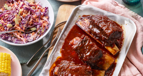 Sticky short beef ribs and lemon coleslaw