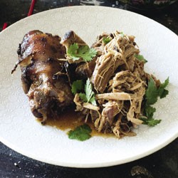 Sticky soy and five-spice roast pork with shiitake sticky rice