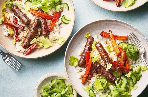 Sticky soy beef chipolatas & carrots with a pickle salad