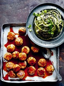 Sticky soy chicken with sesame noodles