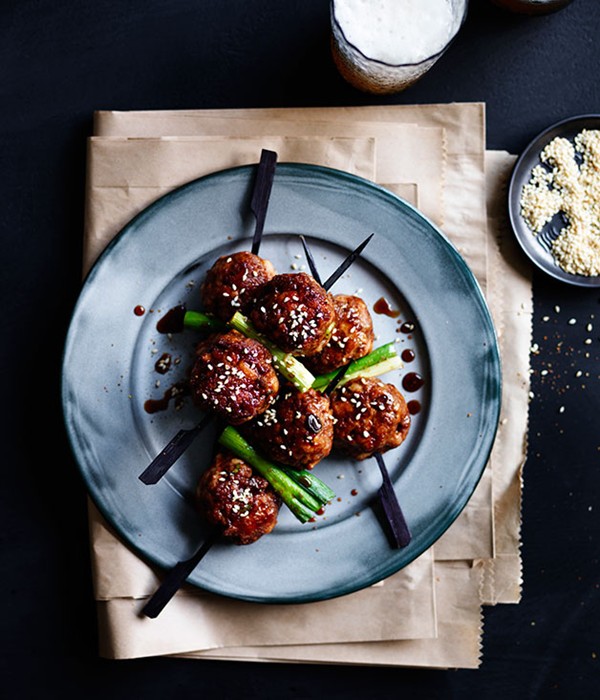 Sticky soy-glazed meatball skewers