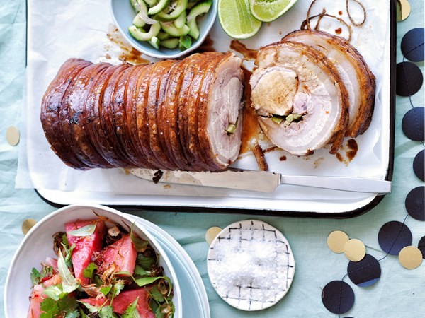 Sticky soy-glazed pork with pickled cucumber