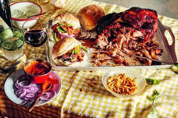 Sticky spiced mango pork shoulder with mango pickle