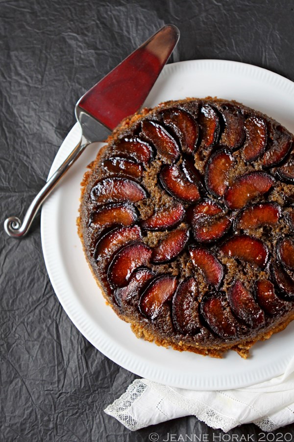 Sticky spiced plum upside-down cake