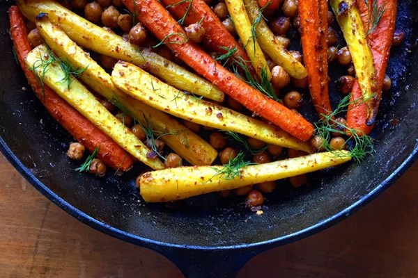 Sticky, spicy, sweet roasted carrots and chickpeas with date vinaigrette