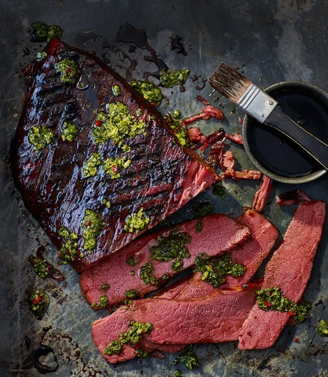 Sticky stout glazed salt beef with chimichurri