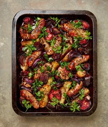 Sticky sweet-and-sour plums and sausages